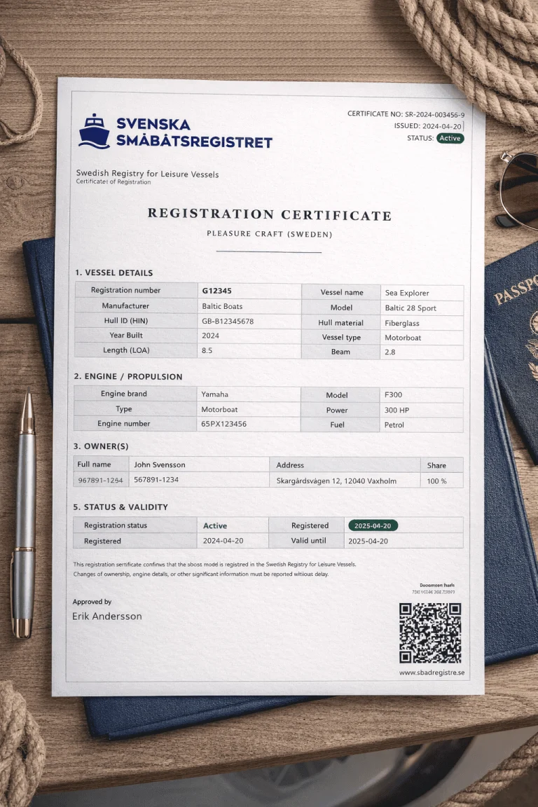 Registreringsbevis från Svenska Småbåtsregistret