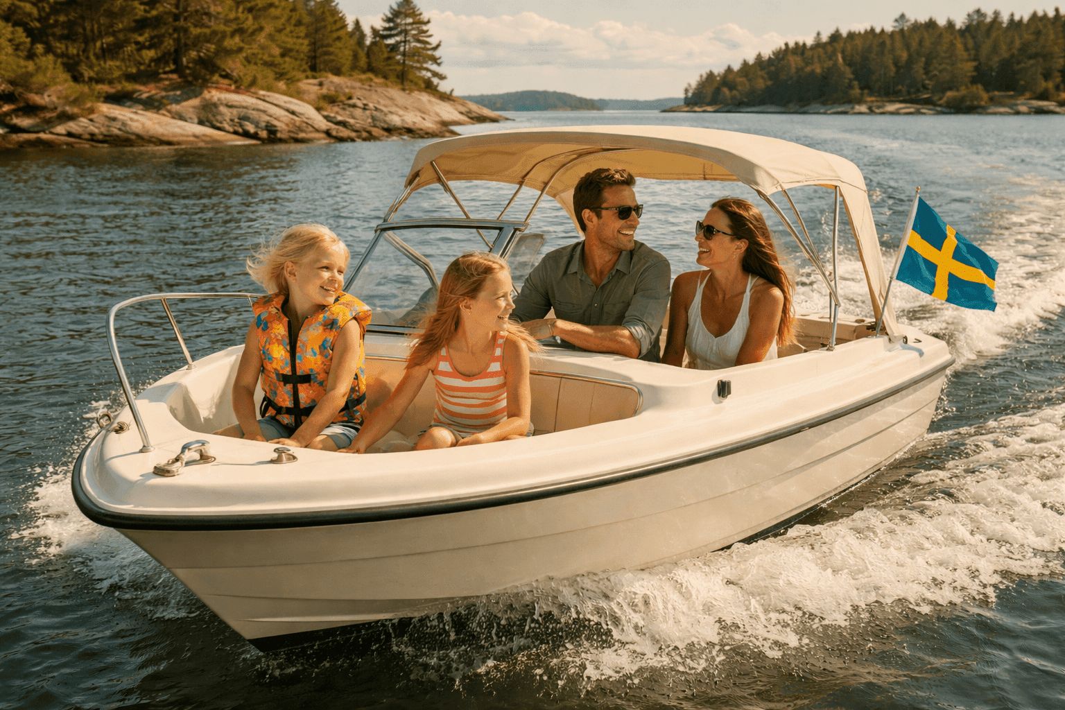 Familj i motorbåt med svensk flagga i skärgården