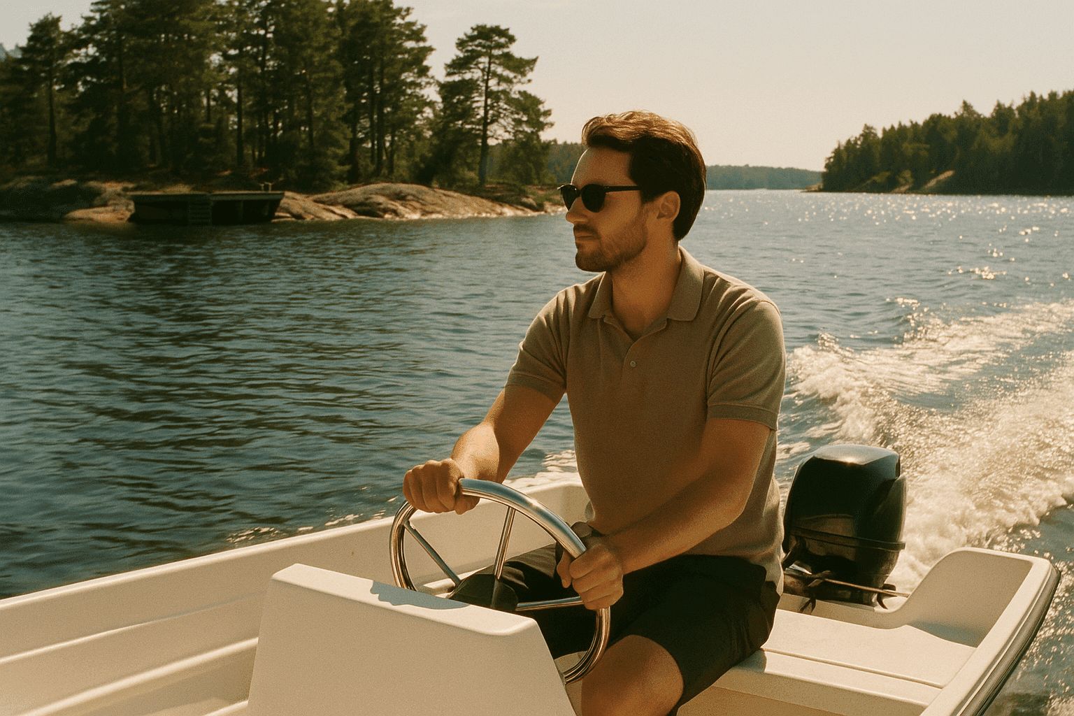 Båtägare kör motorbåt i skärgården